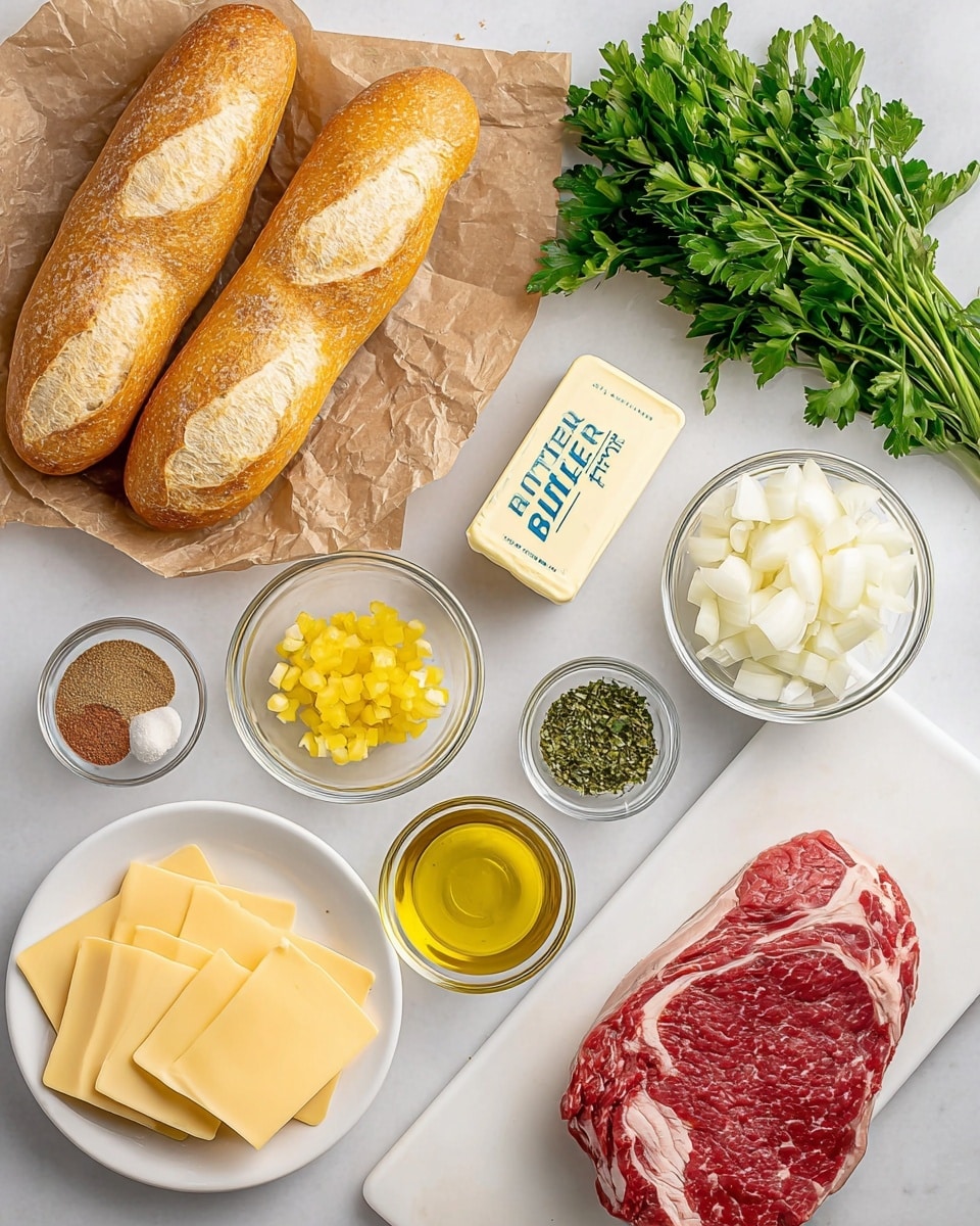 The image shows different ingredients neatly arranged on a white marbled surface. At the top left, there are two long, golden brown loaves of bread resting on crumpled brown paper. To the right of the bread is a bunch of fresh green parsley. Below the parsley, a rectangular block of butter with bright blue text sits beside a clear glass bowl filled with sliced white onions. Next to the onions is another clear bowl holding chopped yellow peppers. Below these, there are three small clear bowls containing light green seasoning powder, brown seasoning powder, and finely chopped garlic. Another bowl holds golden yellow olive oil. At the bottom left, a white plate shows several round slices of light yellow cheese neatly stacked. On the bottom right, a large piece of raw red meat with white marbling rests on a white board. The photo taken with an iphone --ar 4:5 --v 7