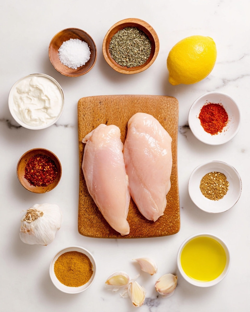 The image shows two raw pale pink chicken breasts placed on a wooden cutting board in the center, surrounded by small white bowls and a wooden bowl filled with different spices and ingredients. From the top left, there is a wooden bowl with white creamy yogurt, a white bowl with dried herbs, a wooden bowl with salt, a white bowl with black pepper, a white bowl with light-colored seasoning, a whole yellow lemon on the side, a white bowl with red paprika, a white bowl with a light yellow liquid, three garlic cloves and garlic bulb, a white bowl with brown seasoning, a white bowl with golden-yellow powder, and a white bowl with olive oil. All items rest on a white marbled surface. photo taken with an iphone --ar 4:5 --v 7
