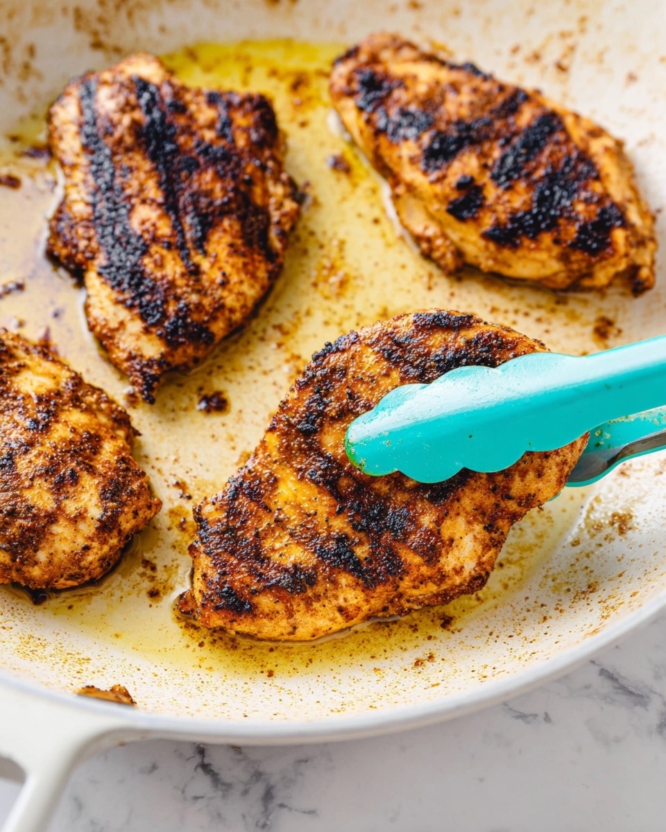 This image shows four pieces of cooked chicken in a white pan with some oil. The chicken pieces are golden brown with dark, crispy grill marks on the surface. One piece is being held by turquoise tongs, showing a textured, slightly rough surface from the cooked spices. The pan has a slightly worn appearance with brown spots from cooking. The background is a white marbled texture. photo taken with an iphone --ar 4:5 --v 7