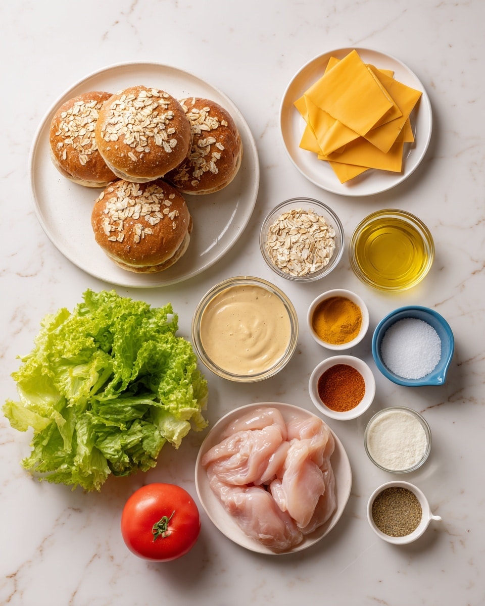 The image shows ingredients laid out on a white marbled surface. At the top left, there are four brown sandwich buns with oats on top, stacked loosely on a white plate. To the right of the buns, a small white plate holds six square yellow cheese slices with visible spices. Below the cheese, a clear glass bowl contains a creamy light beige sauce. Next to it, a small white bowl has a yellow mustard sauce, and a blue bowl holds white powdered seasoning. Below, a white plate is filled with fresh green leafy lettuce. At the bottom left, three raw light pink chicken pieces rest in a white bowl. Above the chicken, five cooked crispy bacon strips are stacked irregularly on a long white plate. A bright red tomato sits near the center. Small white bowls hold various spices, a pale yellow liquid, a reddish-brown sauce, a light amber liquid, olive oil, and milk, all arranged neatly around the main ingredients. Photo taken with an iphone --ar 4:5 --v 7