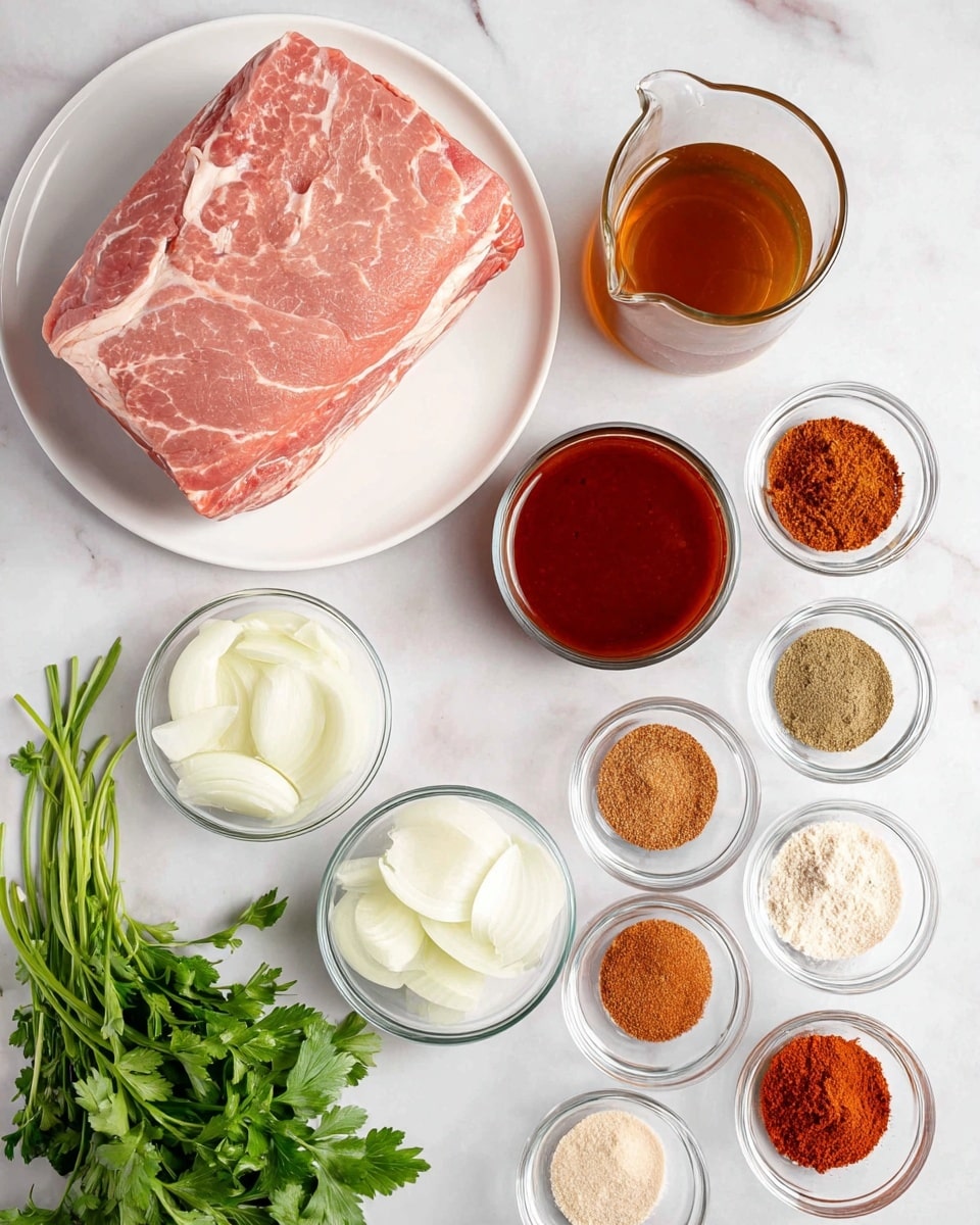 The image shows a raw piece of meat with a thick layer of pale pink fat, placed on a white plate at the top left. Below the plate are small glass bowls with sliced white onions and a deep red sauce beside a glass container of a brown liquid, all set on a white marbled surface. On the right side, there are several small glass bowls arranged vertically, holding various light brown to reddish spices with smooth and powdery textures. At the bottom right corner, a bunch of fresh green parsley adds a bright touch. The overall scene is neatly arranged and brightly lit, showing fresh ingredients clearly. photo taken with an iphone --ar 4:5 --v 7