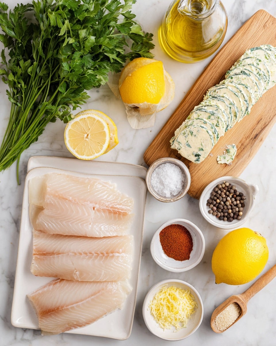 The image shows a white rectangular plate at the bottom left filled with six raw pale pink fish fillets, each having a smooth and slightly shiny texture. Above the plate, there is a light wooden cutting board with a log of white butter mixed with green herbs, some slices cut and laid out neatly on the board. To the right of the cutting board, there is a whole bright yellow lemon and a half lemon showing its pale yellow inside. Surrounding these main items are small white bowls and containers holding various ingredients: black pepper, salt with a small wooden scoop, lemon zest, reddish-brown powder, and light beige granules. At the top left, fresh green parsley leaves create a bushy contrast, and a glass bottle with golden olive oil is positioned near the top center. All these items are placed on a white marbled surface photo taken with an iphone --ar 4:5 --v 7