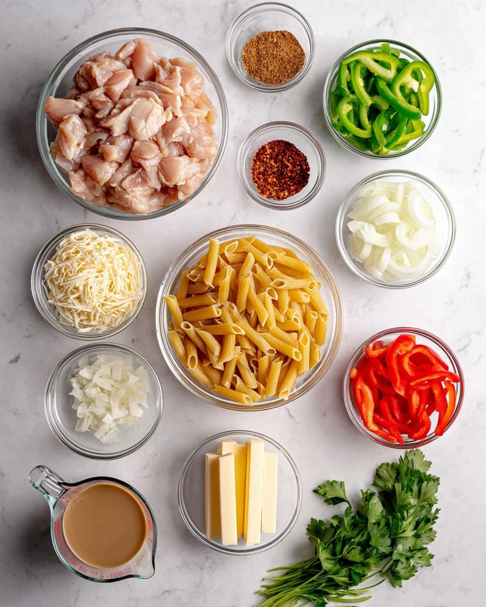 The image shows an overhead view of several clear glass bowls and measuring cups arranged on a white marbled texture. There are ten bowls and cups with various ingredients: one large bowl filled with raw, cut chicken pieces in the top left; a medium bowl of raw penne pasta in the center; a medium bowl of shredded white cheese below the pasta; a medium bowl with sliced white onions on the right; a medium bowl with green bell pepper strips above the onions; a medium bowl with red bell pepper strips to the right of the green peppers; a small bowl with diced garlic at the top center; a small bowl with red chili flakes above the green peppers; a small bowl with a brown spice powder to the right of the chili flakes; a small bowl with two sticks of butter below the chicken; a clear measuring cup with a light cream liquid below the butter; and a clear measuring cup with a brown broth or stock below the cream on the left. Fresh green parsley is placed at the bottom right corner. The photo taken with an iphone --ar 4:5 --v 7