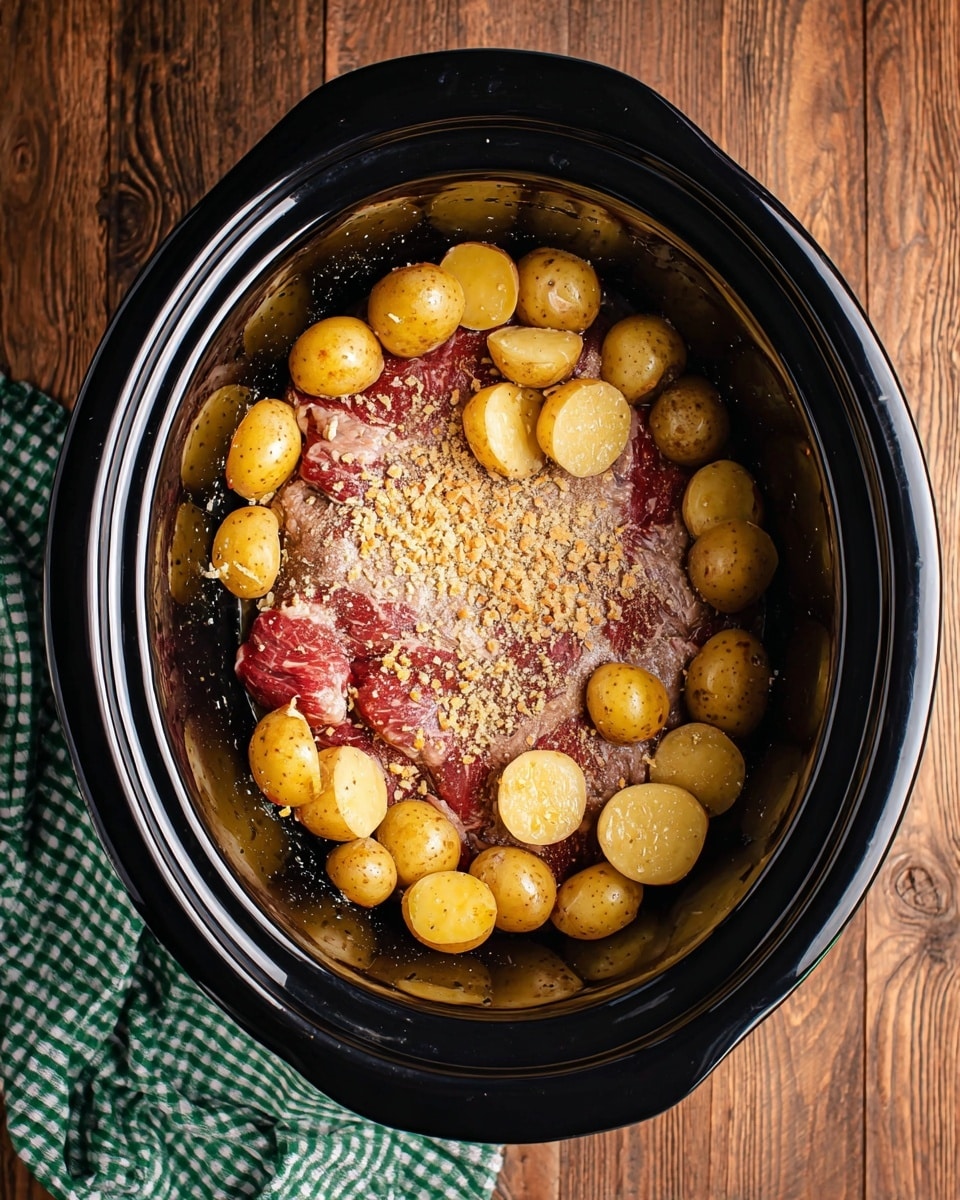 Inside a black slow cooker, there is one main layer at the bottom made of raw meat with a rich red color. Around the edges, there is a second layer of small yellow and light brown baby potatoes, some of them sliced in half. Light brown powdered seasoning and small bits of dried onion flakes are sprinkled evenly over the meat and potatoes. The slow cooker sits on a wooden surface, and a green and white checkered cloth is partly visible on the left side. photo taken with an iphone --ar 4:5 --v 7
