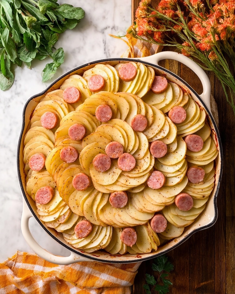 A round white skillet filled with neatly arranged layers of thin, pale yellow potato slices overlapping in a spiral pattern from the outer edge to the center, with small slices of pink sausage tucked between the potato layers evenly throughout; the surface beneath the skillet has a white marbled texture, and there is a green leafy garnish and an orange-yellow checkered cloth nearby. photo taken with an iphone --ar 4:5 --v 7