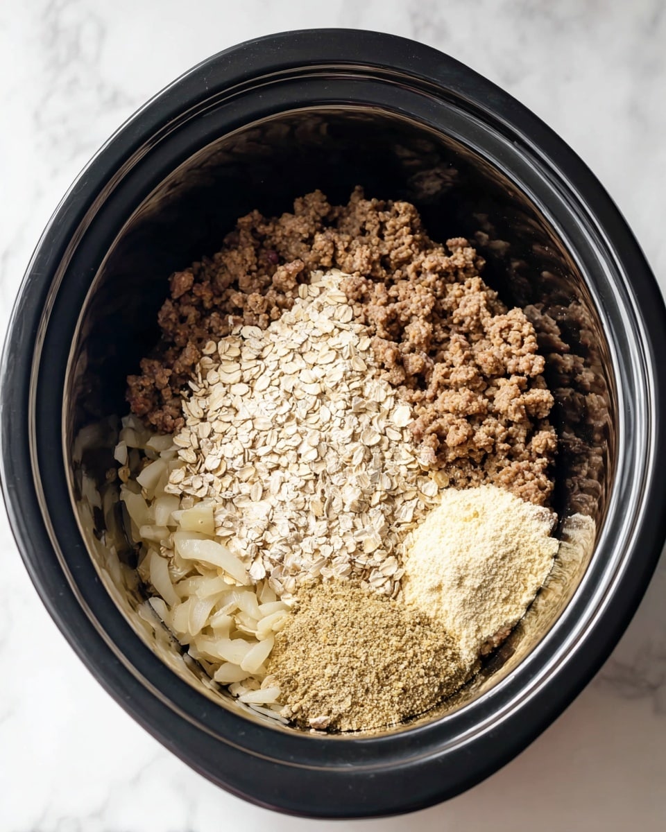Inside a black slow cooker, there is a mix of cooked ground meat and sliced onions forming the base layer with a brown and slightly shiny texture. On top of this, three different piles of dry ingredients sit separately: a heap of light beige rolled oats with rough texture, a smaller mound of pale yellow powder, and a light brown flour-like powder. The scene is set on a white marbled surface, highlighting the contrast of the dark cooker and the ingredients inside. photo taken with an iphone --ar 4:5 --v 7