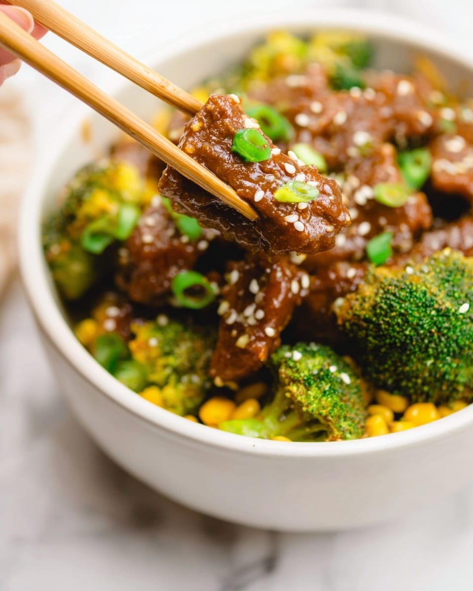 Inside a silver pot, there is a thick brown sauce with many pieces of soft, brown meat and bright green broccoli. The broccoli pieces are scattered evenly throughout the sauce, showing their small