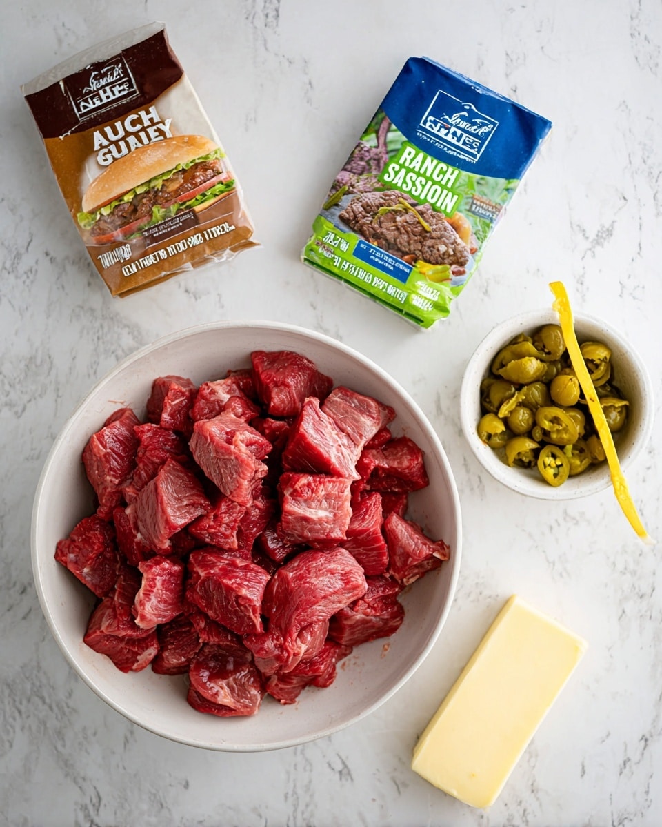 Mississippi Steak Bites Recipe 4 The image shows raw red beef pieces piled in a white bowl placed on a white marbled texture surface, surrounded by a stick of pale yellow butter on the right, a small white bowl filled with green pepperoncini peppers with a yellow skewer sticking out above the butter, and two seasoning packets above the bowl of beef—one is brown with an image of a sandwich and fries labeled
