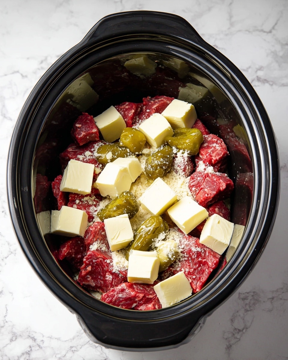 In a black slow cooker, there is one visible layer of small, raw red meat chunks at the bottom. On top of the meat, there are scattered white powdery seasonings sprinkled all over. Above that, there are several small square pieces of pale yellow butter spread evenly. Placed on and around the butter are whole light green pickled peppers with stems. The slow cooker is set on a white marbled surface. photo taken with an iphone --ar 4:5 --v 7