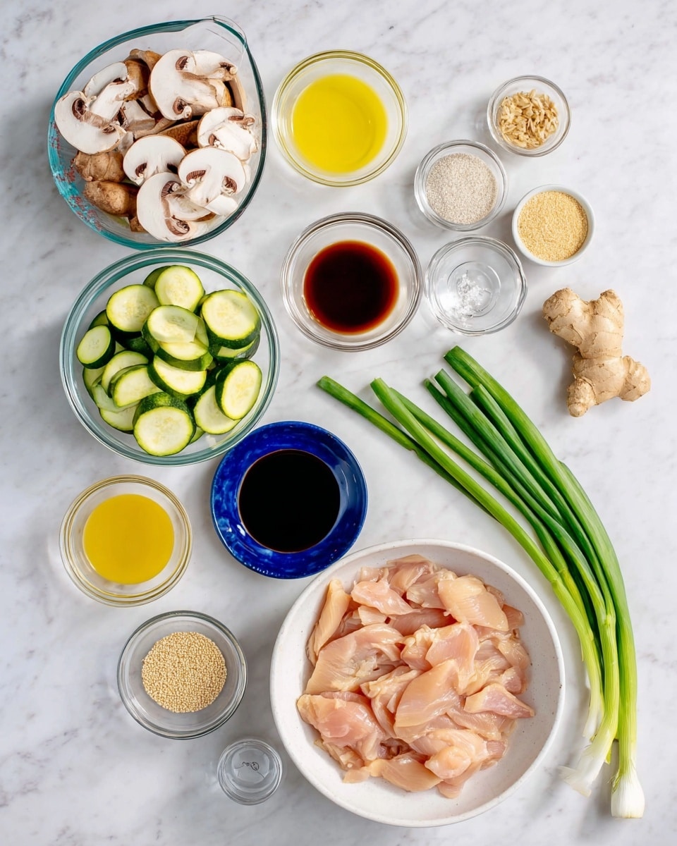 The image shows an overhead view of ingredients for a meal arranged neatly on a white marbled surface. There is a white bowl filled with thin, pale pink slices of raw chicken in the bottom right. Next to it are three fresh green onions placed diagonally from bottom right to the middle. To the left of the onions, a clear glass measuring cup contains sliced green zucchini with light green interior and dark green skin. Above it, another clear bowl holds sliced white mushrooms with brown gills, placed to the left of the chicken bowl. Near the top center, a piece of ginger with a rough light brown skin is placed next to a bulb of garlic. Surrounding these fresh ingredients are several small white bowls and blue glass bowls holding various liquids and powders: two bowls hold pale yellow liquids, two small bowls contain dark brown soy sauce, and the blue bowls hold light tan or white powders and seeds. A larger clear measuring cup with a yellow liquid is at the left-center. The composition is clean, bright, and evenly spaced, capturing a fresh ingredient setup. Photo taken with an iphone --ar 4:5 --v 7
