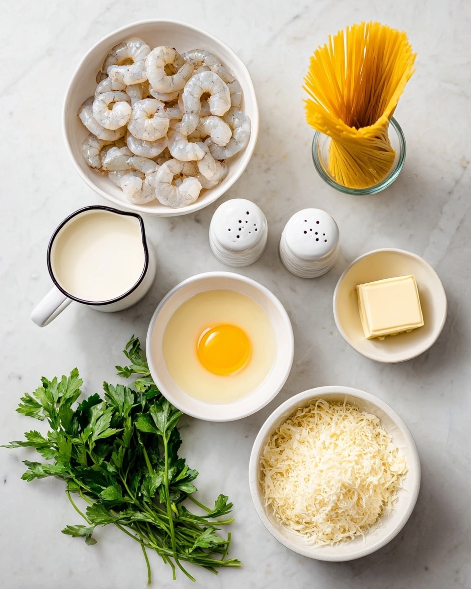 The image shows raw ingredients arranged neatly on a white marbled surface, ready for cooking. There is one white bowl filled with peeled, raw shrimp that are light grayish-white in color and slightly curled. Next to it, a small clear glass holds uncooked yellow spaghetti strands standing upright. A white pitcher with a black rim is filled with creamy white liquid. Below the shrimp bowl are two small white dishes, one containing a single raw egg yolk bright yellow and smooth, and the other with a small cube of pale yellow butter. A larger white bowl is full of finely grated cheese that is pale yellow and fluffy. To the right of these bowls, a tiny white ramekin holds minced garlic with a light tan color. Nearby, a bunch of fresh green parsley with wide leaves is placed, adding color contrast. Two salt and pepper shakers with white bases and silver tops sit side by side near the ingredients. The whole scene is bright and clean, with all components visible against the white marbled surface. Photo taken with an iphone --ar 4:5 --v 7
