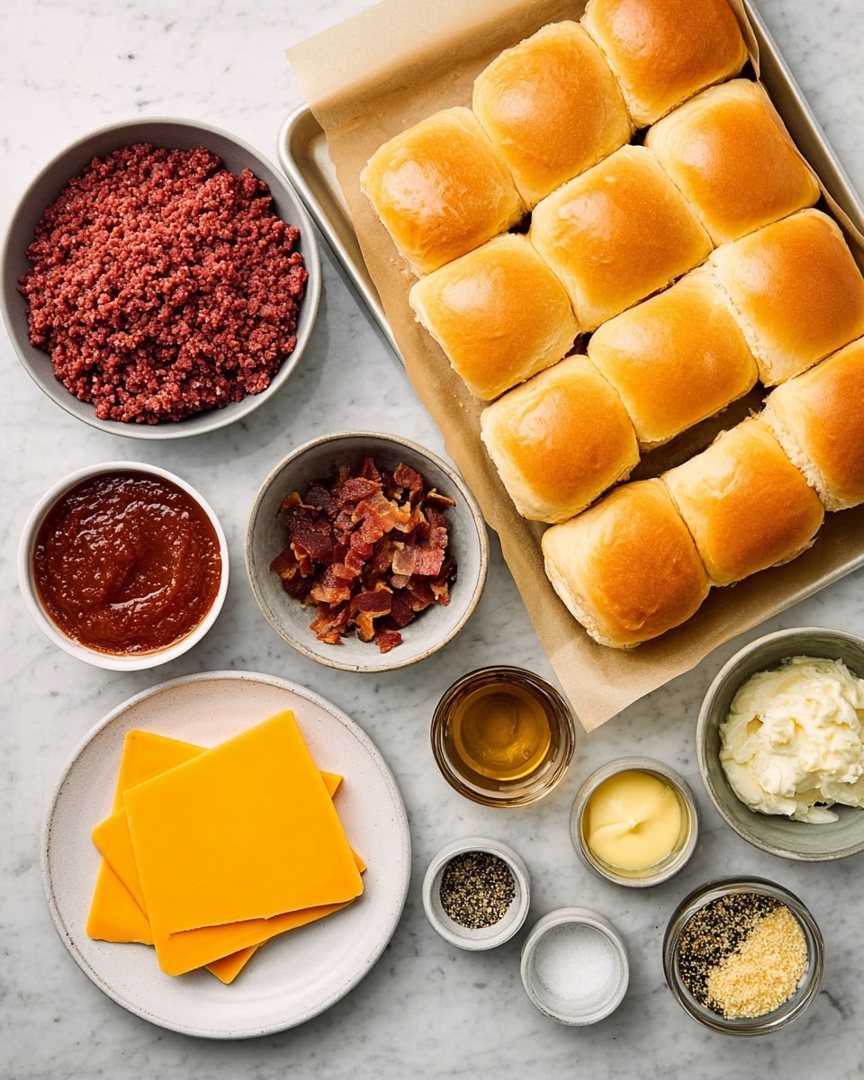 The image shows ingredients for a sandwich arranged neatly on a white marbled surface. On the right side, there is a tray lined with brown parchment paper holding 12 soft golden-brown sandwich rolls placed close together in a 4x3 grid. Below the rolls, there is a white plate stacked with thin slices of bright orange cheese, arranged in a neat pile. Around the plate and tray are small white bowls and one gray bowl with various ingredients: a large bowl of ground red meat, a bowl of thick red sauce with visible herbs, a bowl of crispy, browned bacon pieces, a bowl of creamy mayonnaise, a bowl of dark brown sauce, a bowl of light golden melted butter, a bowl of light yellow mustard, a bowl of coarse salt, a bowl of black pepper, a bowl of white sesame seeds, and a small bowl with a clear liquid, likely vinegar or oil. The layout is clean and organized, with all the bowls and ingredients clearly visible, set on an even white marbled background. photo taken with an iphone --ar 4:5 --v 7
