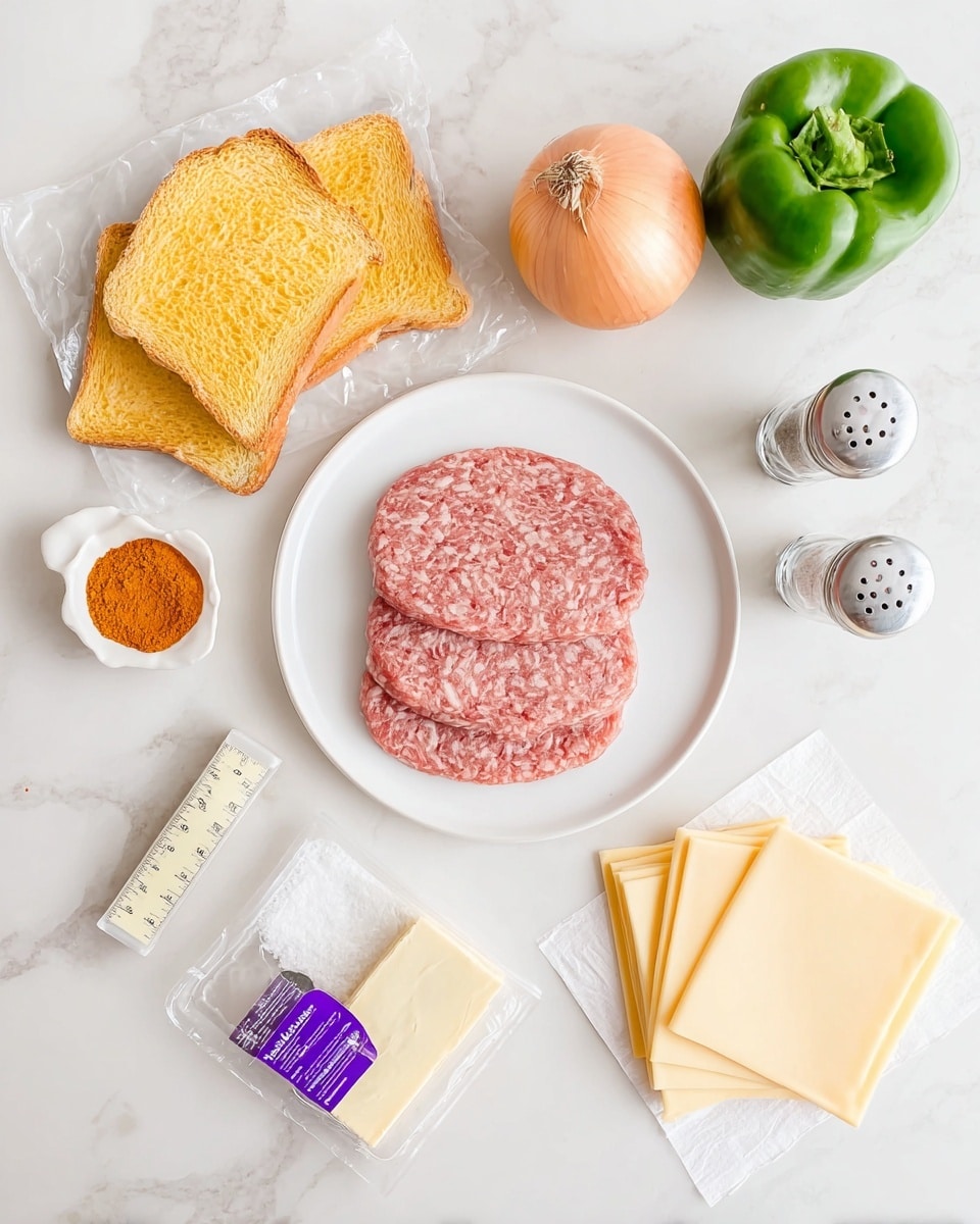 The image shows ingredients for a sandwich arranged on a white marbled surface. In the center, there is a white plate with three slices of raw pink ground meat stacked together, showing a textured surface. To the top left, there are three slices of toasted yellow bread with some herbs inside a plastic bag. Near the top right, there is a whole light brown onion and two small glass shakers, one with white salt and the other with black pepper. On the bottom right side, a stack of round, pale yellow cheese slices is placed inside a clear plastic packaging with a purple design underneath. On the bottom left, a small white dish holds a small pile of orange seasoning powder. Nearby is a small light beige butter stick with measurement markings, and a whole green bell pepper is placed above it. Photo taken with an iphone --ar 4:5 --v 7