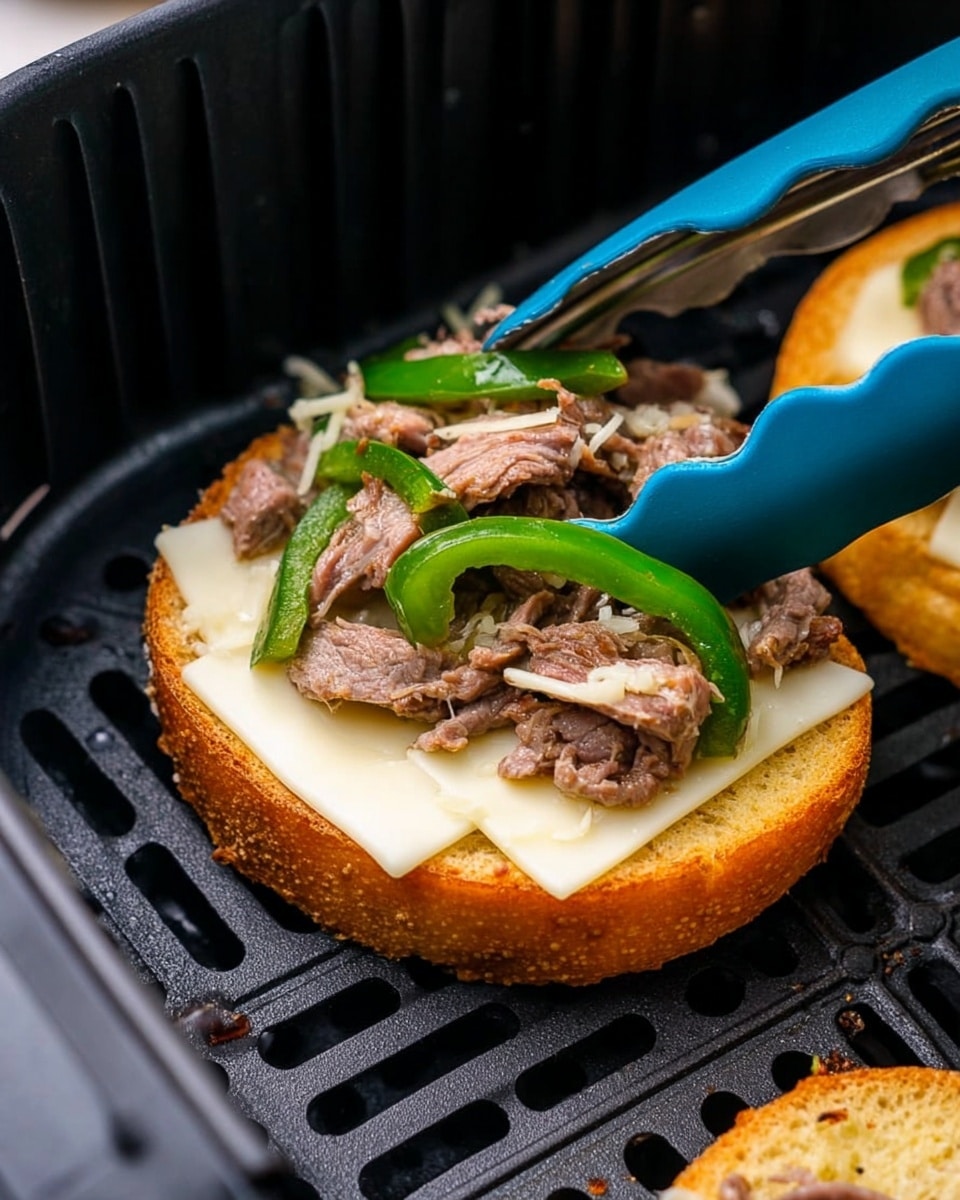 The image shows a close-up of an air fryer basket with layers of an open sandwich being assembled. The bottom layer is a round, golden piece of toasted bread with a slightly crispy texture. On top of the bread is a layer of melted white cheese, smooth and evenly covering the surface. The next layer consists of cooked thin slices of beef mixed with green bell pepper strips, which have a soft and slightly glossy look. Blue kitchen tongs are placing the beef and pepper mixture on the cheese. The background and bottom of the air fryer have a black metal grill texture. Photo taken with an iphone --ar 4:5 --v 7