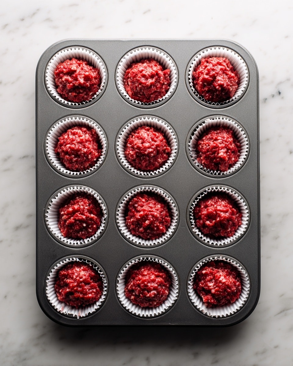 A dark gray metal muffin tray holds twelve white paper liners filled with raw red meat mixture that appears slightly textured and chunky, each mound rounded and fitting snugly inside the liners. The tray is placed on a wooden surface with a rich brown tone and natural wood grain pattern. The image shows a top-down view capturing the uniform placement and texture of the meat in the tray. photo taken with an iphone --ar 4:5 --v 7