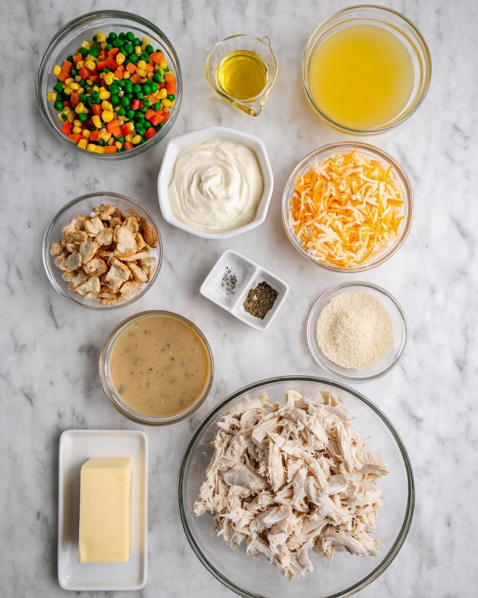The image shows ten clear glass bowls and one small white divided dish arranged neatly on a white marbled surface. The largest bowl at the bottom right contains shredded cooked chicken in off-white color with slight brown edges. To its left, there is a smaller bowl filled with colorful mixed frozen vegetables including green beans, corn, peas, and carrots. Above that is a clear glass with yellow mustard. Above the mustard is a small white divided dish holding black pepper and salt. In the center is a small bowl with light brown mushroom soup with a creamy texture. To the right of the soup is a tiny bowl with light beige powdered seasoning. Above the seasoning is a bowl with clear yellow chicken broth. To the left of the broth is a bowl with white sour cream, swirled at the top. Above the sour cream is a bowl full of shredded orange and white cheese mixed together. To the left of the cheese is a bowl containing light brown crushed crackers or breadcrumbs. At the bottom left is a rectangular glass dish holding a pale yellow stick of butter. photo taken with an iphone --ar 4:5 --v 7