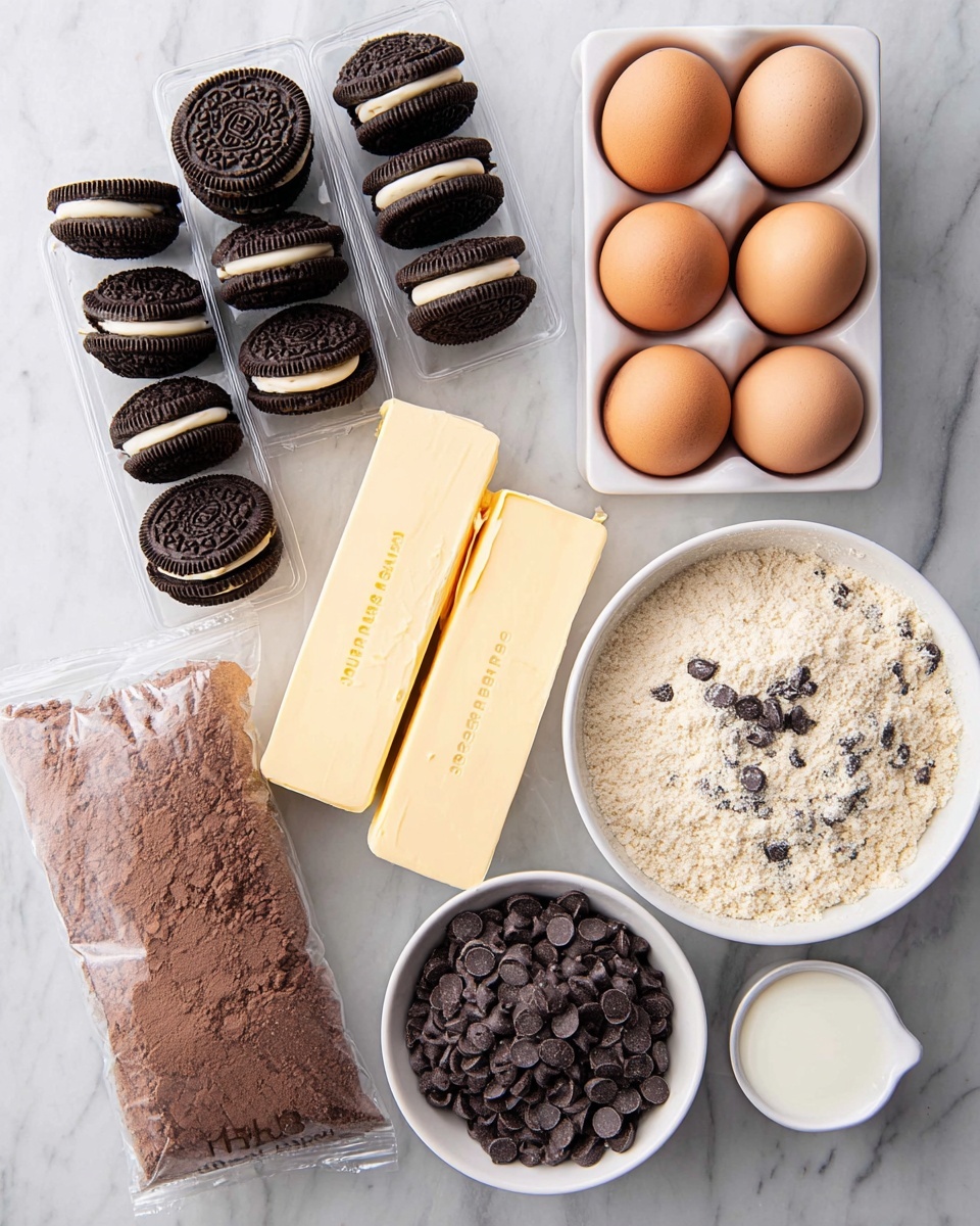 The image shows a white marbled surface with several baking ingredients neatly arranged. On the top left, there is a clear plastic tray filled with three rows of chocolate sandwich cookies with white filling. To the right of the cookies, there is a white rectangular container holding six brown eggs. Below the tray of cookies are two sticks of yellow butter, placed side by side. To the right of the butter, there is a white bowl filled with a light beige flour mixture that has black chocolate chips mixed in. Below the flour bowl is a small white cup containing a small amount of white liquid, likely milk. Next to the cup of milk, there is another white bowl filled with many dark brown chocolate chips. A large plastic bag of light brown cocoa powder is placed on the left side of the image, partially overlapping the butter sticks. The scene is well lit with no shadows, and all items are clearly visible. Photo taken with an iphone --ar 4:5 --v 7