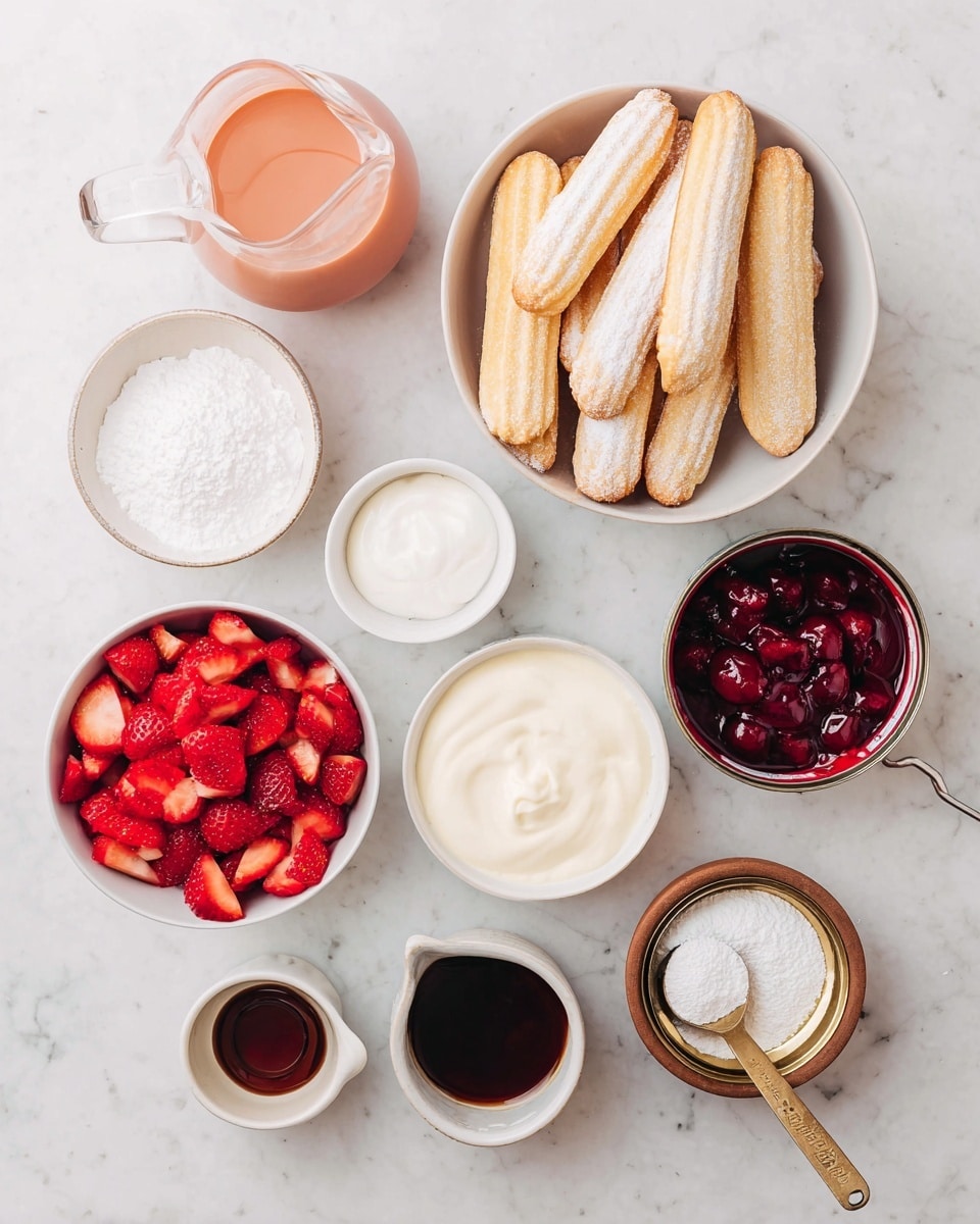 The image shows ingredients arranged neatly on a white marbled surface. There is a white bowl filled with light brown ladyfinger cookies standing upright on the top left. To the right, a clear pink glass jug holds white cream with a smooth texture. Below the jug is a small white cup with dark brown liquid, likely coffee or espresso. A can with deep red cherries covered in syrup is on the middle left. Near the center, there is a small bowl with white powder, possibly baking powder or cornstarch, and a white bowl with fine white powdered sugar on the right. At the bottom left, a white bowl contains thick, creamy white mascarpone cheese with smooth swirls. The bottom right has a white bowl packed with bright red chopped strawberries. A wooden-handled measuring scoop filled with white granulated sugar sits at the lower left corner. Photo taken with an iphone --ar 4:5 --v 7