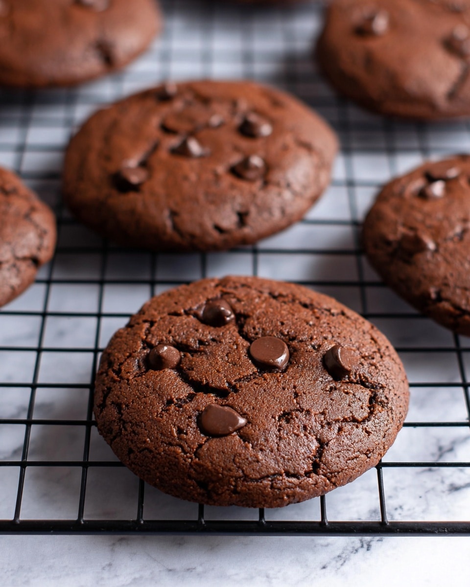 The image shows several freshly baked chocolate cookies placed on a black cooling rack. Each cookie is round, with a rich dark brown color and a soft texture, dotted with melted chocolate chips that add small, shiny spots on the surface. The cookies are spaced apart, giving a clear view of the white marbled texture beneath the cooling rack. The front cookie is in sharp focus, showing its slightly cracked top and moist look, while the others blur out gently in the background. Photo taken with an iphone --ar 4:5 --v 7