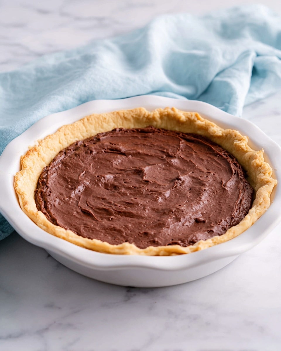 The image shows a single-layer chocolate pie in a white pie dish. The pie crust is golden brown, thick, and slightly crimped around the edge, holding a smooth, rich dark brown chocolate filling that has slight texture from small lumps in it. The pie dish sits on a white marbled surface, with a soft light blue cloth folded and placed casually behind it. Photo taken with an iphone --ar 4:5 --v 7