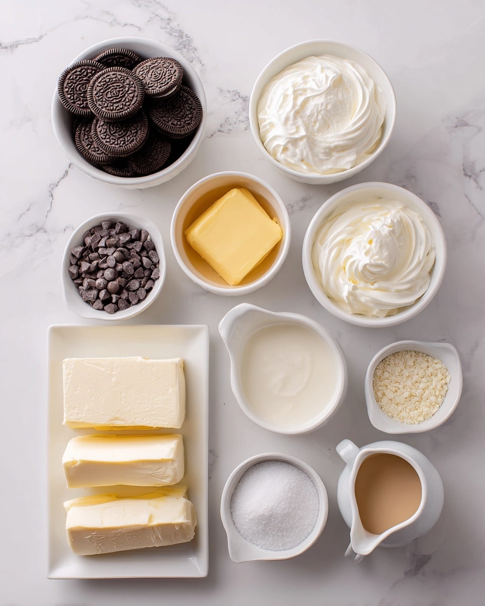 The image shows a top-down view of various white bowls and a rectangular white plate on a white marbled surface, each holding different ingredients arranged neatly. There is a bowl full of dark brown Oreo cookies near the top left, a smooth white bowl of whipped topping at the top right, and a small bowl of powdered vanilla pudding mix near the center. Other bowls contain yellow melted salted butter, white sour cream with a smooth texture, small dark brown semi-sweet chocolate chips, and beige Baileys Irish cream in a small white pitcher. A small white pitcher holds heavy cream, and another small round bowl holds white granulated sugar with a slightly uneven surface. At the bottom left, a rectangular white plate holds three thick slabs of soft cream cheese. All items are spaced evenly on the clean white marbled surface photo taken with an iphone --ar 4:5 --v 7