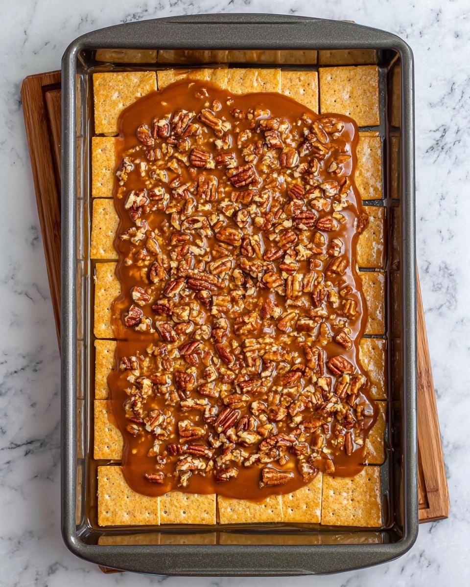 A baking pan holds a single layer of square light tan crackers arranged to fill the pan, topped with a thick caramel sauce mixed with small pieces of chopped pecans, evenly spread but slightly dripping over the edges of the crackers. The baking pan is dark metal and is on a white marbled surface. photo taken with an iphone --ar 4:5 --v 7