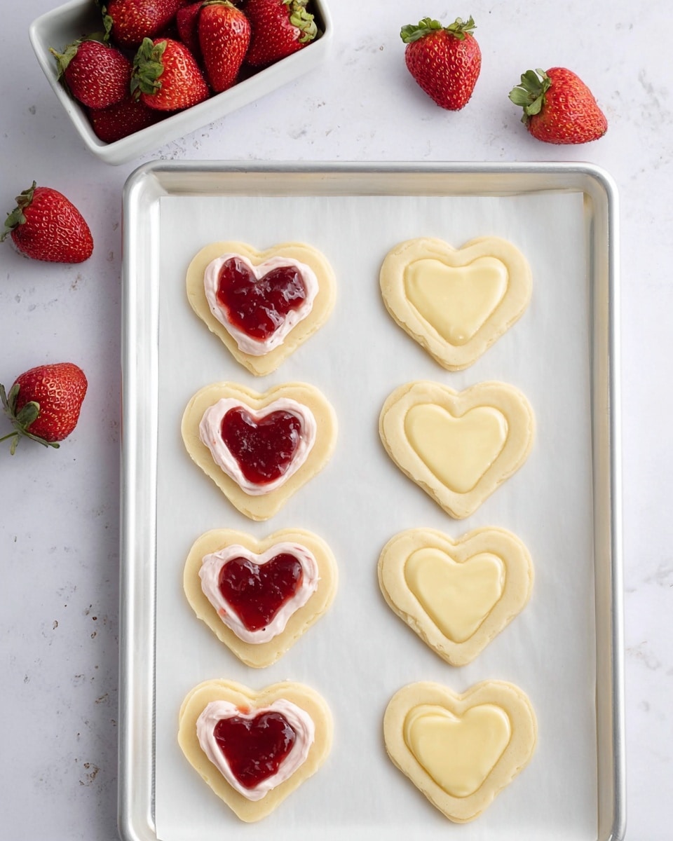 The image shows a white tray lined with parchment paper holding nine heart-shaped dough pieces arranged in three rows and three columns. Four dough hearts on the left side have a layer of cream topped with a red strawberry jam forming a smaller heart shape on each. Three dough hearts in the middle column have a thick, creamy yellow layer spread on them. The three hearts on the right side are plain dough without any topping. In the top left corner, there is a white rectangular bowl holding whole strawberries, and three loose strawberries are placed on the white marbled surface near it. The bright and clean setup emphasizes the different filling options on the dough hearts. Photo taken with an iphone --ar 4:5 --v 7