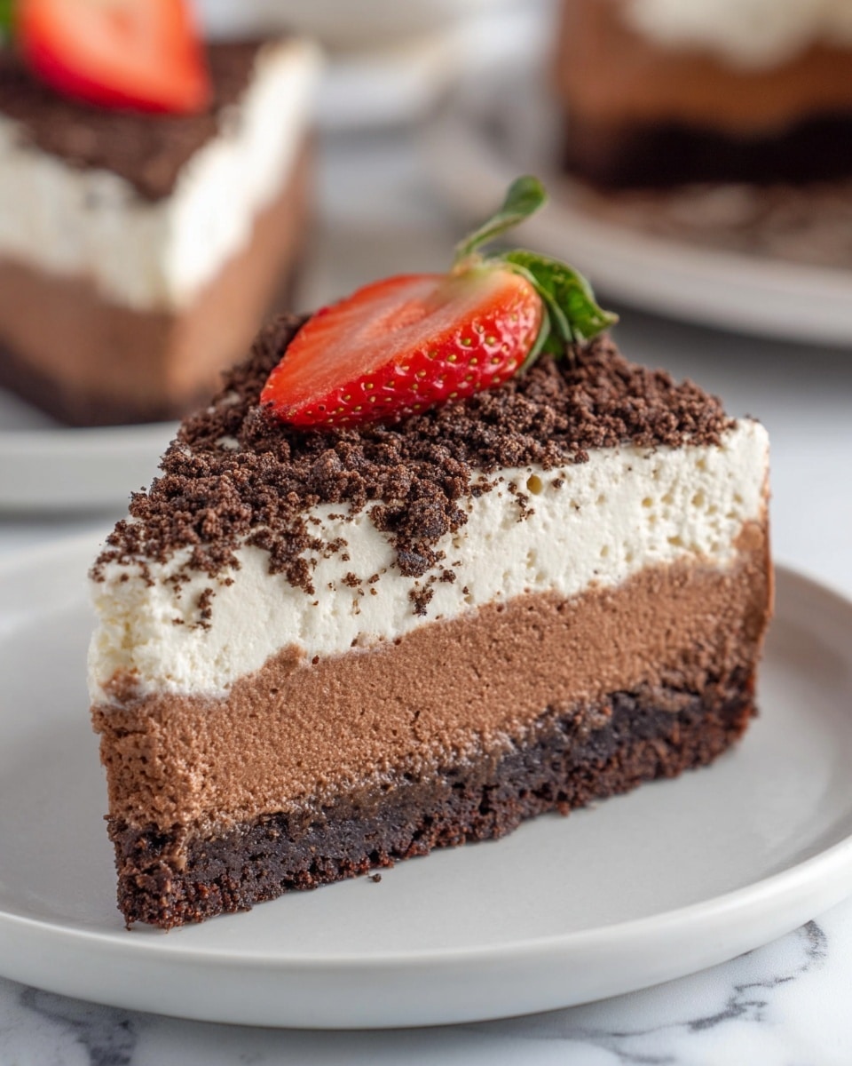 A slice of cake with three layers sits on a white plate on a white marbled surface. The bottom layer is a dark brown crumbly crust. The thick middle layer is a smooth, light brown chocolate mousse. The top layer is a white cream with dark brown chocolate crumbs sprinkled over it. On top of the cake slice, there is a fresh red strawberry half with green leaves. In the background, there are blurred parts of more cake pieces. Photo taken with an iphone --ar 4:5 --v 7