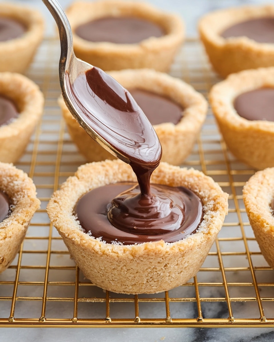 Small round tart shells with a crumbly light brown crust are placed on a golden wire rack over a white marbled surface. Each tart shell is being filled with smooth, shiny dark brown chocolate pudding. A spoon with thick chocolate pudding is poised above one tart shell, slowly pouring the chocolate into it, creating a thick, rich layer inside each tart. The background shows more empty tart shells ready to be filled. Photo taken with an iphone --ar 4:5 --v 7