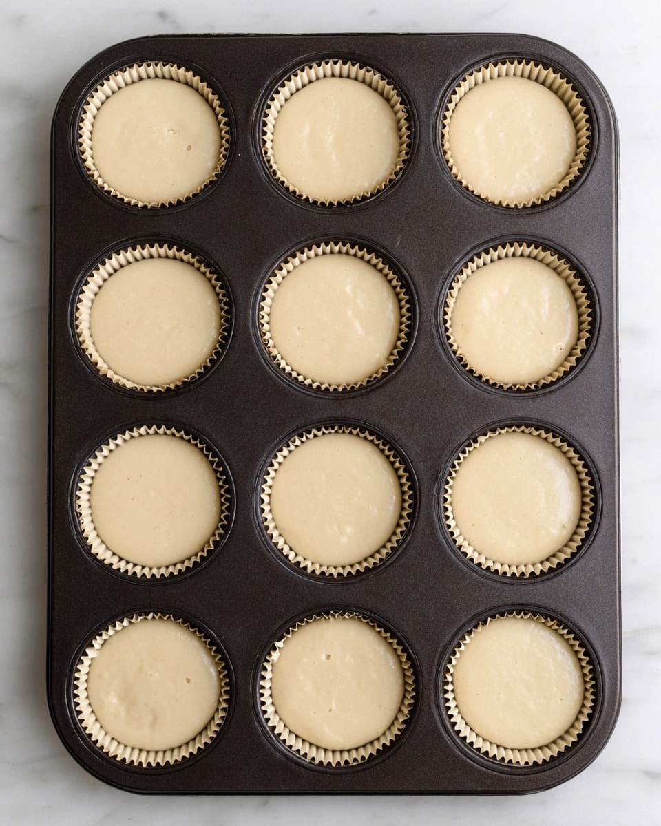 A dark metal muffin tray holds twelve paper liners filled with smooth, light beige batter, each liner evenly filled to the same level. The tray is placed on a white marbled surface, and the batter has a creamy texture with small bubbles visible on the surface. The liners have a ridged edge that contrasts with the smooth batter inside. The overall look shows uniformity and readiness for baking. photo taken with an iphone --ar 4:5 --v 7