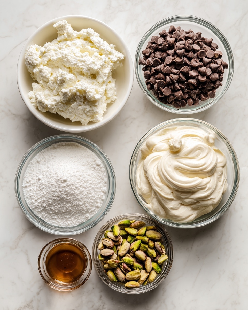 The image shows six white bowls and small glass containers arranged on a white marbled surface, each with different ingredients. Starting from the top left, there is a bowl filled with creamy ricotta cheese, pale off-white with a soft texture. To the right, a bowl holds small, dark brown chocolate chips. Below the ricotta cheese, a glass bowl is filled with fine, white powdered sugar that looks fluffy. To the right of the powdered sugar, another glass bowl contains smooth, creamy mascarpone cheese with soft swirls. Below the powdered sugar, a small glass bowl is filled with green and brown pistachios, giving a rough texture. On the bottom right, a tiny glass container holds an amber-colored vanilla extract with a smooth surface. All the containers are shown from above with good lighting, photo taken with an iphone --ar 4:5 --v 7