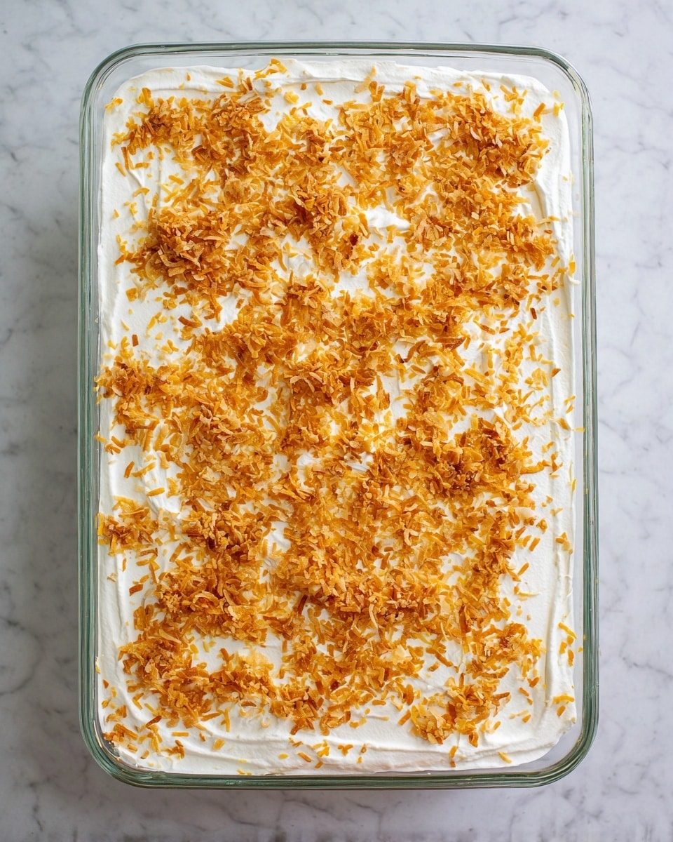 A clear rectangular glass dish filled with a layered dessert, the top layer is smooth and white, likely a whipped cream or frosting, evenly spread across the dish. This white layer is sprinkled generously with golden brown toasted coconut flakes, scattered all over creating a crunchy texture contrast. The dessert sits on a white marbled surface. photo taken with an iphone --ar 4:5 --v 7