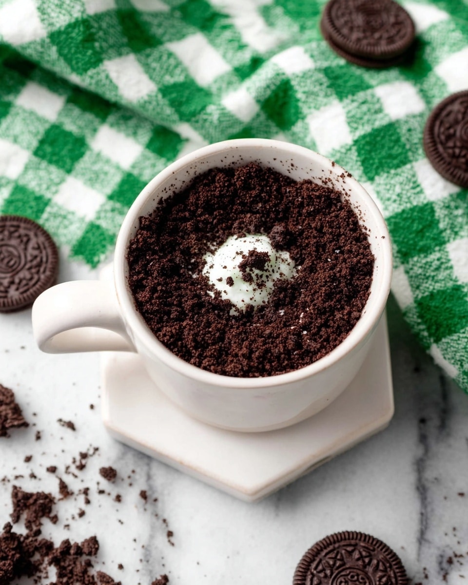 A white cup filled with a layer of finely crushed dark brown cookie crumbs topped with a small dollop of white cream in the center, sitting on a white hexagonal coaster. The cup is placed on a white marbled surface covered by a green and white checkered cloth, with whole and broken dark brown sandwich cookies scattered around. Photo taken with an iphone --ar 4:5 --v 7