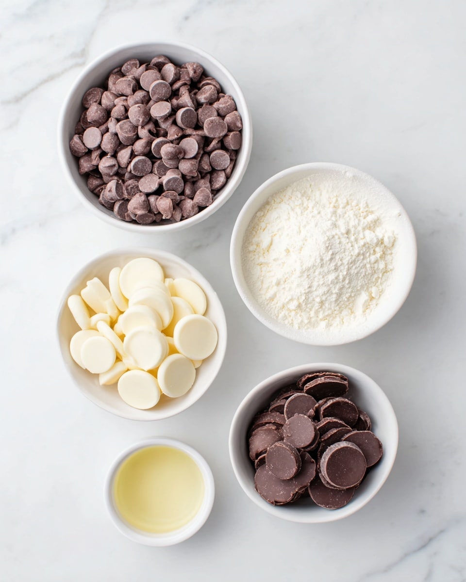The image shows five white bowls and cups arranged on a white marbled surface. There is one large bowl filled with small milk chocolate chips at the top left. To the right is a big bowl filled with a fine white powdery ingredient. Below them are three smaller dishes: a cup with yellowish liquid on the bottom left, a small bowl with white chocolate discs in the middle left, and a small bowl with larger dark chocolate discs at the bottom right. Each bowl and cup is filled fully and neatly arranged, creating a clean and organized look. Photo taken with an iphone --ar 4:5 --v 7