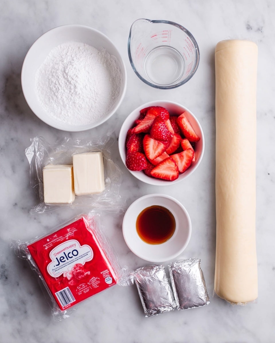 A white marble surface holds several ingredients neatly arranged: a white bowl filled with white powdered sugar, a clear glass measuring cup partially filled with cream, a white bowl full of bright red sliced strawberries, two silver-wrapped blocks of cream cheese stacked side by side, a small white bowl containing brown vanilla extract, a long beige roll of dough in clear plastic wrap, and a red and white box of strawberry Jell-O placed near the center. All items are bright and clear with natural light. Photo taken with an iphone --ar 4:5 --v 7