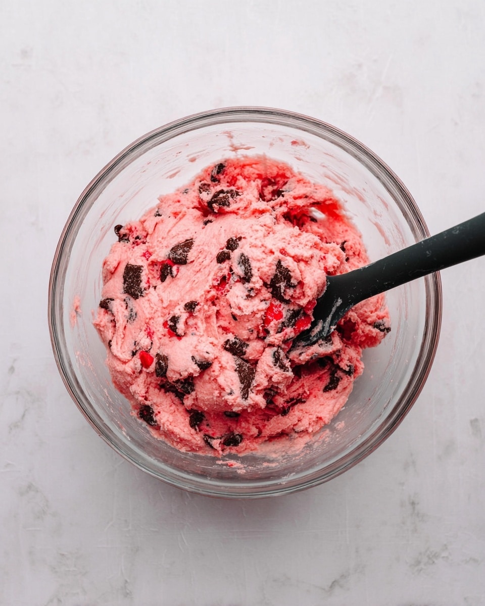 A clear glass bowl on a white marbled surface holds pink cookie dough mixed with red chunks and dark brown chocolate pieces evenly spread throughout. A black spatula with a long handle rests inside the bowl, partially covered with dough. The dough has a soft, creamy texture with the red and brown pieces adding rough spots. The bowl is round and transparent, showing the dough from all sides. The overall scene looks clean and bright. photo taken with an iphone --ar 4:5 --v 7