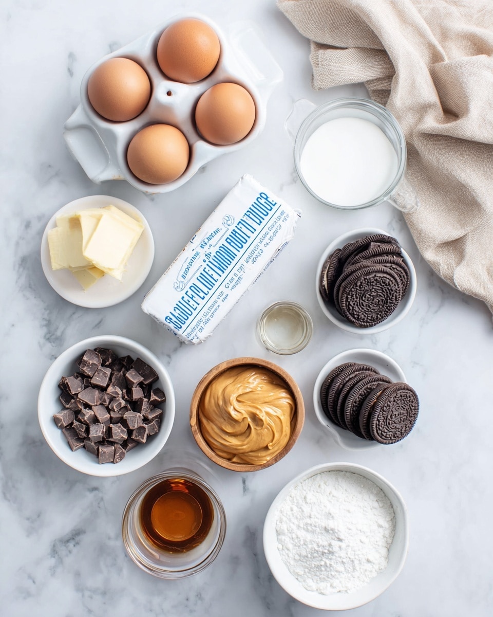 The image shows a flat lay of baking ingredients arranged on a white marbled surface. There are two brown eggs in a white egg holder at the top left, a wrapped block of butter with blue text in the center, and a beige cloth draped at the top right. Surrounding these are small white bowls holding chocolate chunks, peanut butter, sugar, and what looks like yogurt. There is also a small glass bowl with clear liquid, a wooden bowl containing white powder, a white bowl with vanilla extract, and another white bowl with five chocolate sandwich cookies. All items are neatly spaced and clearly visible. photo taken with an iphone --ar 4:5 --v 7