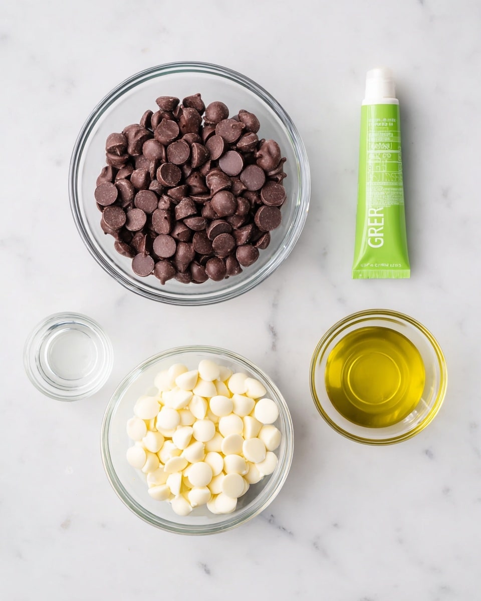 The image shows a top view of four clear glass bowls on a white marbled surface. The largest bowl at the top left is filled with dark brown chocolate chips, each smooth and round. Below it, a slightly smaller bowl holds white chocolate chips, also smooth and round. To the right of these, a small bowl contains a light yellow liquid, likely oil, and next to it, another small empty bowl is placed. Above these two small bowls is a green tube labeled