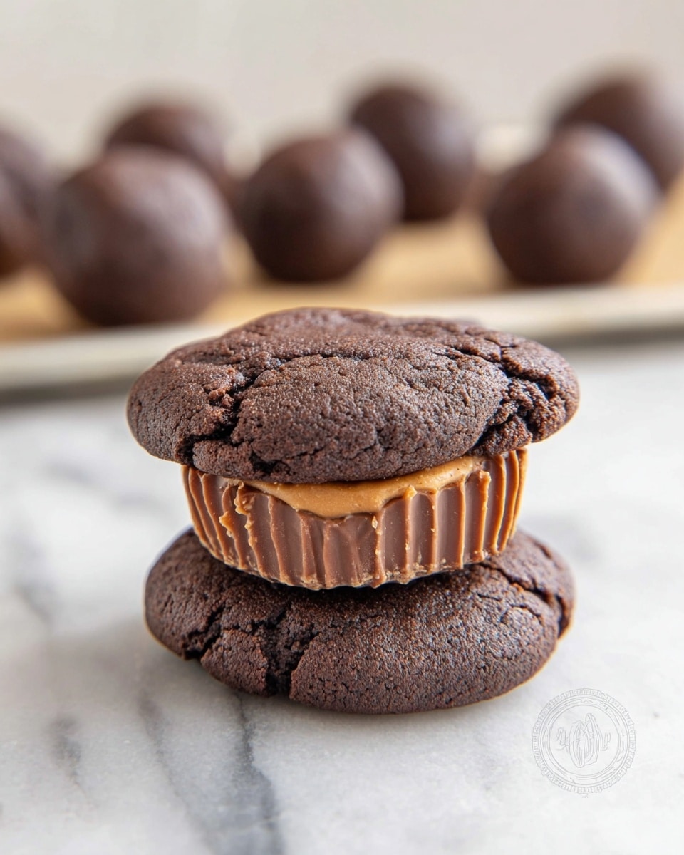 The image shows a dark brown sandwich-style cookie made of two thick, slightly cracked chocolate cookies with a lighter brown, ridged peanut butter cup layer in the middle. The top cookie is slightly uneven and textured with visible cracks, sitting directly on top of the peanut butter cup which has a smooth, ridged wrapper texture. The bottom cookie is flat and textured with small cracks. In the background, there are several round, dark brown cookie dough balls slightly out of focus placed on a white marbled surface. photo taken with an iphone --ar 4:5 --v 7