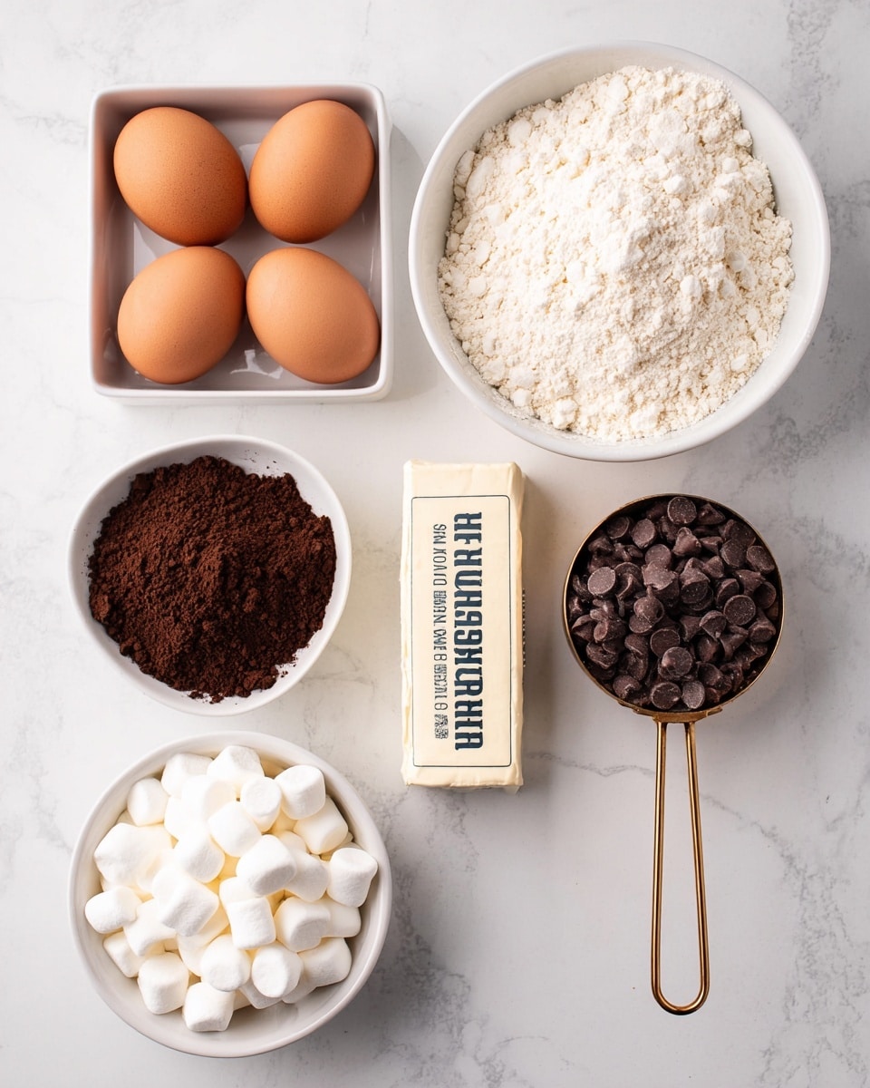 The image shows six brown eggs arranged neatly in a white rectangular dish at the bottom left, next to a white round bowl filled with small white marshmallows on the bottom right. Above these, a rectangular stick of butter wrapped in white paper with black lettering lies horizontally on a white marbled surface. To the left of the butter is a small square white bowl filled with dark brown cocoa powder with a crumbly texture. To the right of the butter, a gold measuring cup holds dark chocolate chips, with the handle extending to the right. Above the measuring cup is a large white bowl filled with light-colored flour that has a slightly crumbly and powdery texture. All items are placed on a white marbled surface, with soft natural lighting. photo taken with an iphone --ar 4:5 --v 7