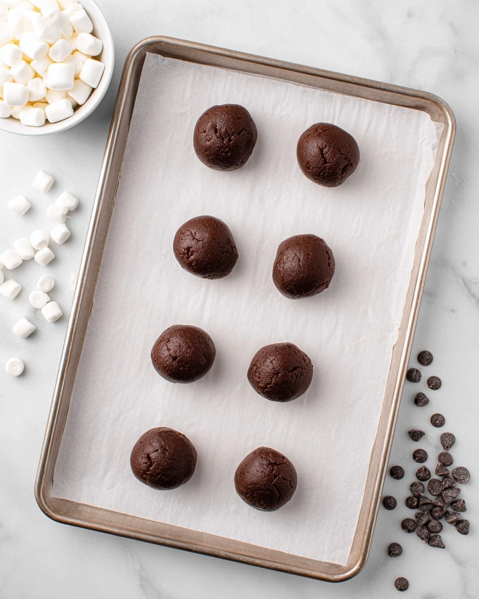 Six round dark brown dough balls are spaced out in two vertical rows of three each on a rectangular baking tray lined with white parchment paper, the tray is placed on a white marbled surface. Near the top left of the image, there is a white bowl filled with small white marshmallows scattered slightly around it. Dark chocolate chips are scattered on the white marbled surface near the top right and bottom left corners of the tray. The overall lighting is bright and soft, highlighting the smooth texture of the dough balls and the clean background. photo taken with an iphone --ar 4:5 --v 7