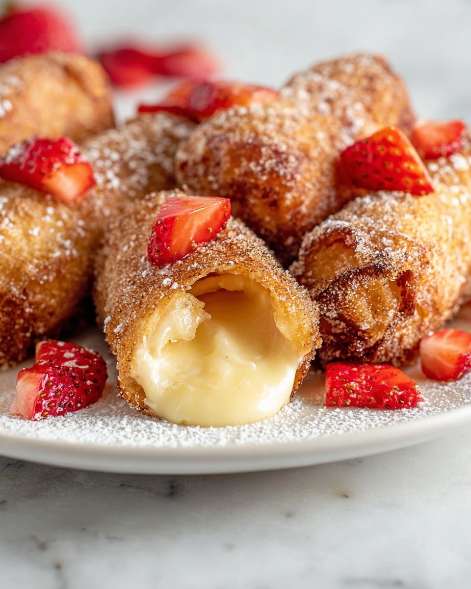 The image shows a white plate with several golden-brown fried rolls coated in cinnamon sugar. The focus is on one roll in the center that is slightly opened, revealing a creamy yellow filling inside. On top of the rolls, there are small pieces of bright red strawberries with a shiny glaze. The background is a white marbled surface, and there is some powdered sugar sprinkled around the plate, adding a light dusting effect. Photo taken with an iphone --ar 4:5 --v 7