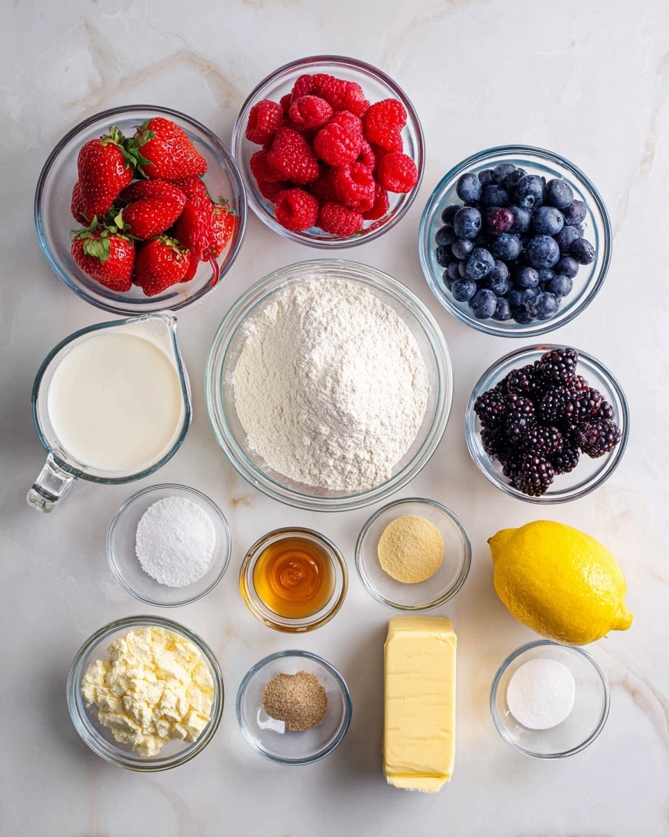 The image shows 14 small glass bowls and a measuring cup arranged neatly on a white marbled surface. There are three groups of fresh fruit in clear glass bowls: bright red strawberries, red raspberries, dark blue blueberries, and dark purple blackberries. In the middle is a larger clear glass bowl filled with white flour. Surrounding it are smaller bowls with light brown sugar, golden syrup, white sugar, white baking powder, white baking soda, white powdered cream cheese, and salt. There is a whole yellow lemon and a stick of unsalted butter on the right side. A clear glass measuring cup on the left holds white milk. Each bowl's content is clear and colorful, contrasting on the clean surface. Photo taken with an iphone --ar 4:5 --v 7