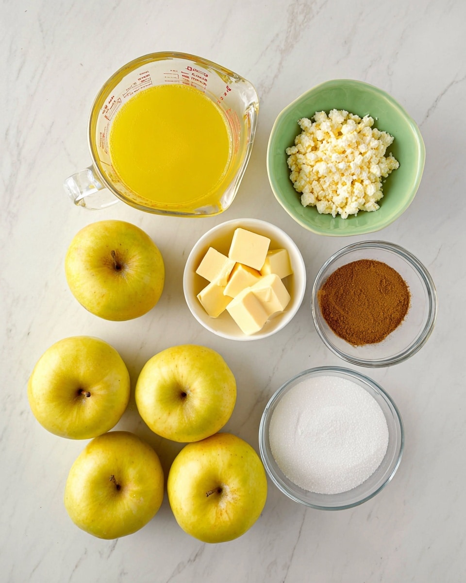 The image shows six yellow apples at the bottom with smooth skins arranged in two rows; above them, in a clear glass measuring cup with yellow liquid, positioned to the left. In the middle row, there is a small white bowl with square pieces of light yellow butter, next to a small clear glass bowl filled with light brown sugar. Above these, on the left, there is a small green bowl holding white crumbled cheese, and on the right, a small white bowl filled with ground cinnamon. To the right and slightly below the cinnamon bowl is a clear glass bowl with white granulated sugar. All items are placed on a white marbled surface. Photo taken with an iphone --ar 4:5 --v 7