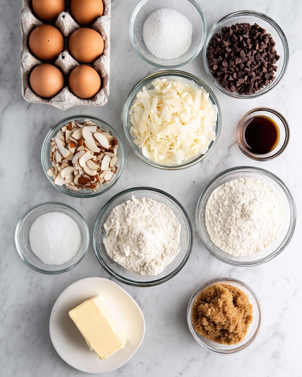 The image shows an overhead view of various baking ingredients neatly arranged on a white marbled surface. There are a dozen brown eggs in a white carton at the top left. Several clear glass bowls hold distinct layers of ingredients: one bowl is filled with small dark brown chocolate chips, another with white shredded coconut, one with sliced almonds, one with white granulated sugar, and one with white flour that has a slightly chunky texture. There is a small bowl of brown sugar with a crumbly, soft texture near the center, and a small bowl with white powder, likely baking soda or powder. A small container of dark brown vanilla extract is placed among them. On the bottom left is a white saucer with a stick of pale yellow butter. All items are spread evenly with clear visibility of their texture and color. The photo taken with an iphone --ar 4:5 --v 7