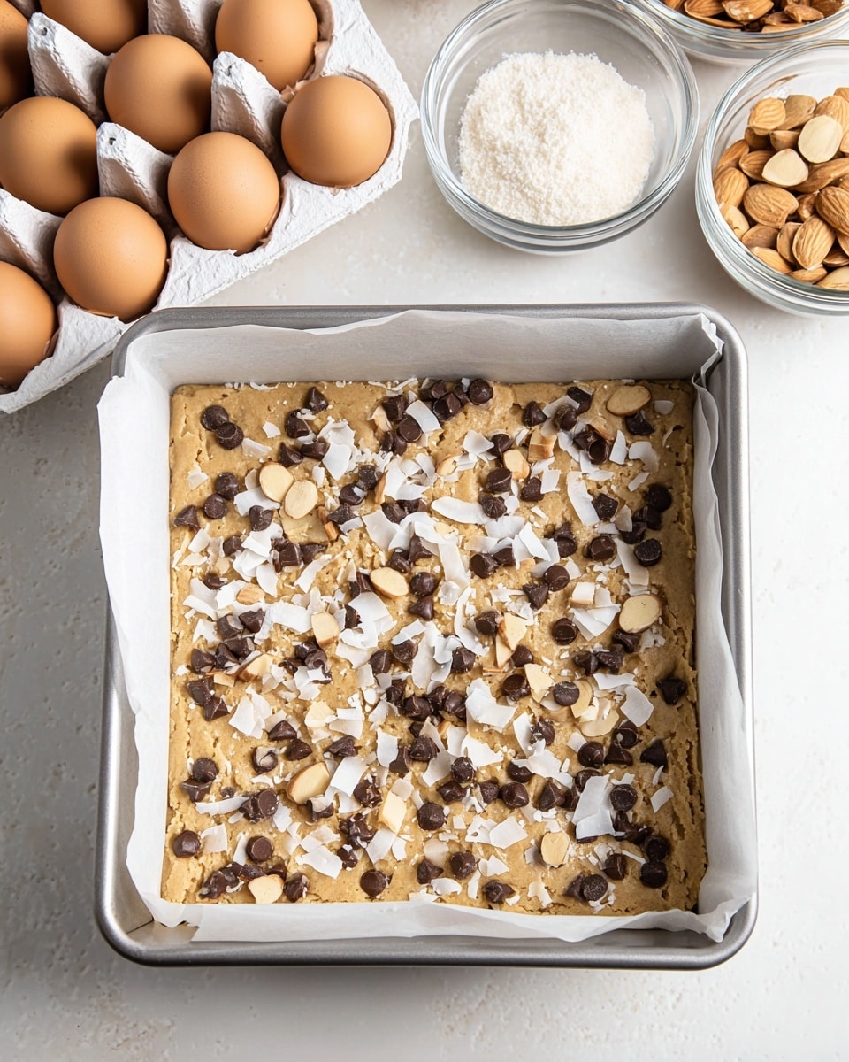 A square metal pan lined with white parchment paper holds a thick layer of light beige cookie dough spread evenly inside. The dough is topped with scattered dark brown chocolate chips, thin pale beige almond slices, and white shredded coconut flakes, creating a textured and colorful surface. In the background on a white marbled surface, there is a white egg tray holding seven light brown eggs and two clear glass bowls filled with sliced almonds and granulated sugar, adding to the baking scene. photo taken with an iphone --ar 4:5 --v 7