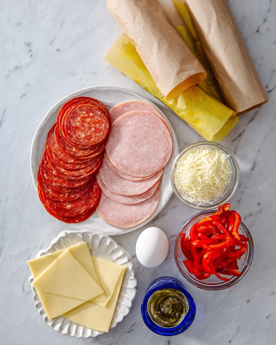 The image shows several food items arranged on a white marbled surface. On the upper left, a white plate holds three groups of sliced deli meats: bright red pepperoni, light pink ham, and pale pink salami. Below it, a white plate has four round slices of yellow cheese stacked. To the right of the cheese, there is a small white bowl filled with thin, curly, light green pickled pepper strips. A whole white egg sits between the bowl and a small blue glass bowl filled with grated pale yellow cheese. On the right side, two brown cylindrical packaging tubes lie next to each other. At the bottom, an open jar has visible green contents, and next to it is a clear glass bowl filled with shiny, bright red roasted peppers. Photo taken with an iphone --ar 4:5 --v 7
