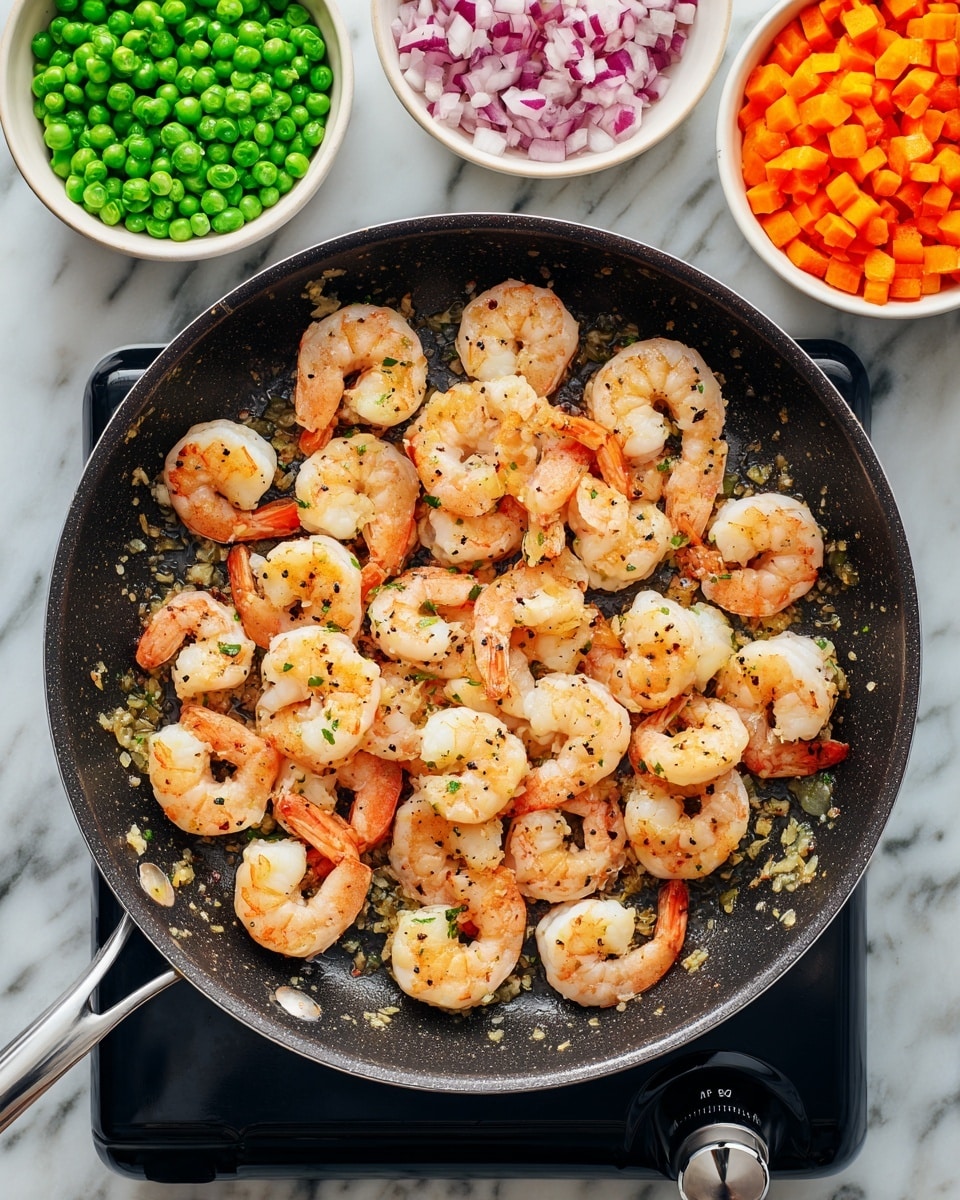 A black pan filled with cooked shrimp arranged evenly in a circular pattern, showing their pink and white textures with small black pepper flecks, sautéed with minced garlic bits scattered underneath and around the shrimp. Around the pan on a white marbled surface, there are four small white bowls each holding a different chopped ingredient: bright green peas in the top right bowl, diced orange carrots below them, chopped red onions beside the carrots, and yellow corn kernels in the bottom right bowl. The pan is on a black electric burner with a visible knob at the bottom center. photo taken with an iphone --ar 4:5 --v 7