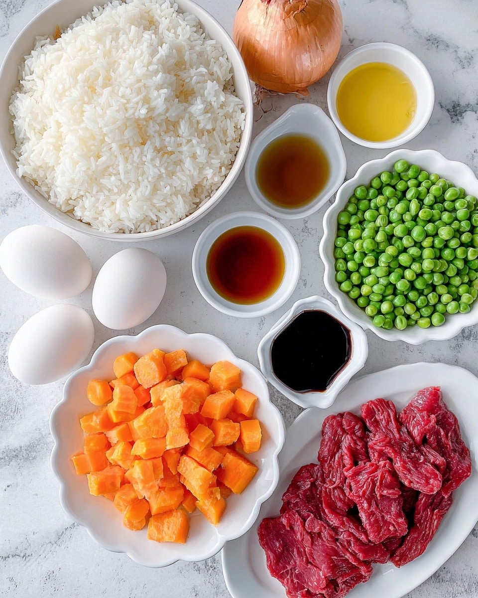 The image shows ingredients neatly arranged on a white marbled surface. There is a large white bowl filled with cooked white rice showing a soft, fluffy texture in the top left corner. Near the rice are two white eggs and a whole brown onion with patches of peeling skin. A scalloped white bowl contains a mix of bright green peas and orange carrot cubes, which look frozen with a slight frost layer. Around these are four small white bowls holding different sauces and oils; their colors range from dark brown, light golden yellow to black, and reddish-brown. Finally, a white plate on the bottom right holds thin, vibrant red strips of raw beef. The whole setup looks clean and ready for cooking photo taken with an iphone --ar 4:5 --v 7
