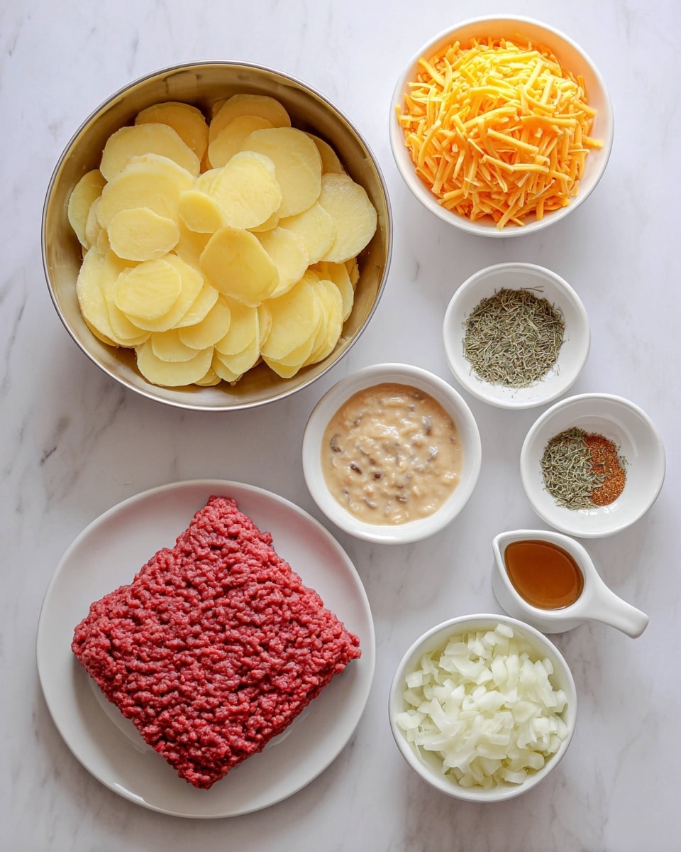 The image shows seven separate white dishes arranged on a white marbled surface: a large metal bowl at the bottom left filled with thin yellow slices of potato; a white plate in the center holding a block of bright red ground meat with a textured surface; a small white bowl at the bottom right filled with finely chopped white onions; a small white bowl at the top left containing a creamy beige sauce with visible mushroom pieces; a small white bowl at the top center filled with shredded orange cheddar cheese; a small white bowl at the top right divided into four sections containing white salt, black pepper, dried rosemary, and light brown garlic powder; and a small white measuring cup with a handle near the meat holding a light brown liquid, possibly broth or sauce. Photo taken with an iphone --ar 4:5 --v 7